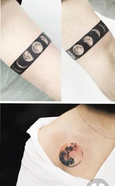 two pictures of the same tattoo on someone's left arm, one with an image of the moon and half - moon