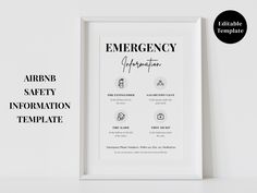 the emergency information poster is displayed in front of a white wall with black lettering on it