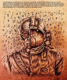 a drawing of an old man wearing a helmet with numbers coming out of his face