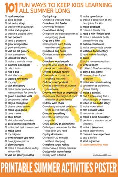 a printable summer activities poster with the words fun ways to keep kids learning