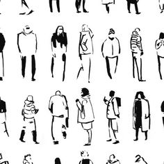 black and white drawing of people standing in different positions