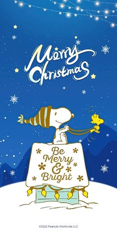 a christmas card with a cartoon dog on top of a sign that says merry christmas