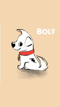 a white dog with a red collar sitting on the ground next to a sign that says bolt