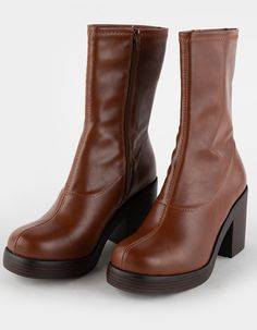 SODA Stretch Faux Leather Womens Boots - COGNAC | Tillys Fall Chunky Boots, Brown Boots Business Casual, Where To Buy Boots, Cool Womens Shoes, Cute Fall Boots For Women, Everyday Fall Shoes, Platform Cowgirl Boots, 70s Ankle Boots, Cool Boots Women