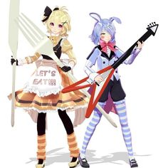 two anime characters are holding scissors and posing for the camera with each other, both wearing bunny ears