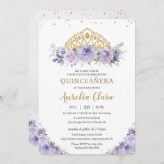 an elegant purple and gold quinceauera birthday party card with flowers on it