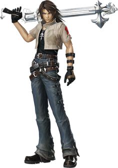 the character is holding two large swords in her hands and wearing jeans with metal accents