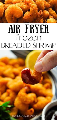 air fryer frozen breaded shrimp is being dipped with ketchup and mustard