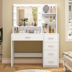 a white vanity with drawers and mirror in a room next to a chair, rug and window