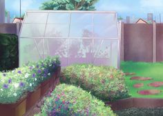 a painting of a greenhouse in the middle of a garden