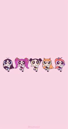 the powerpuff girls are lined up in a row on a pink wallpaper