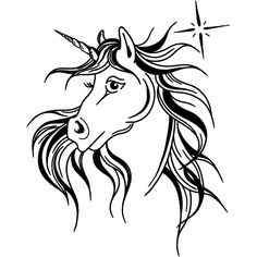 a black and white drawing of a unicorn's head