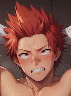 an anime character with red hair and horns on his head, staring at the camera