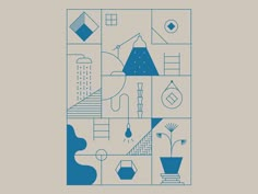 a blue and white poster with geometric shapes on it's sides, including an abstract plant