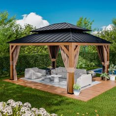 a wooden gazebo sitting on top of a lush green field