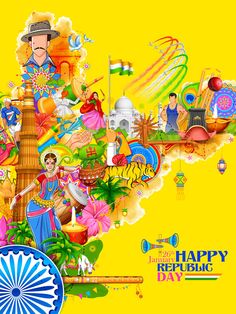 happy republic day greeting card design with india symbols and colorful illustration on yellow background - stock photo