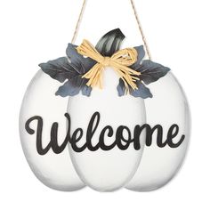 two white eggs hanging from a rope with the word welcome painted on them