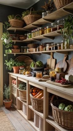 British Countryside storage room British Style Kitchen, Vintage Potato Bin, Pantry Wooden Shelves, Eat In Pantry, Cottage Core Pantry, Produce Storage Kitchen, Cottagecore Store, English Pantry, Aesthetic Pantry