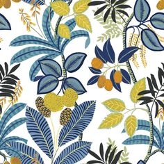 a blue and yellow floral pattern on white paper with leaves, berries and acorns