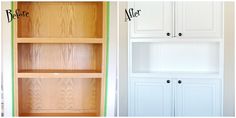 the before and after pictures show how to paint cabinets