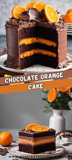 chocolate orange cake on a white plate with an orange slice cut in half to show the layers