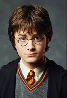 a young boy wearing glasses and a harry potter sweater is posing for a photo in front of a gray background