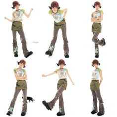 four different poses of a woman in green pants and white t - shirt with her arms spread out