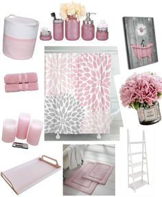 pink and white bathroom decor with flowers