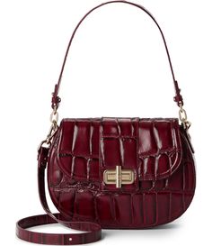 From the Nerina Collection by BRAHMIN&#x2C; the Merlot Cynthia Shoulder Bag features:From BRAHMIN&#x2C; this handbag features:LeatherFlap turn-lock closureFlat shoulder strapAdjustable crossbody strapBack slide in pocketSingle kangaroo pocketInterior zip pocketKey clipApprox. 10.5" W x 7.25" H x 2.5" DImported. Red Saddle Bag With Gold-tone Hardware, Elegant Red Saddle Bag With Gold-tone Hardware, Luxury Red Saddle Bag For Formal Occasions, Luxury Saddle Bag With Silver-tone Hardware, Elegant Red Saddle Bag For Formal Occasions, Handbag Care, Leather Inlay, Black Chevron, Key Clip