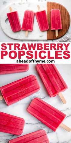 strawberry popsicles on a marble counter top with text overlay that reads, strawberry popsicles