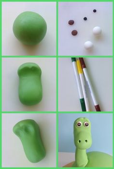 four pictures of different shapes and sizes of toys including an egg, pencils, and other items