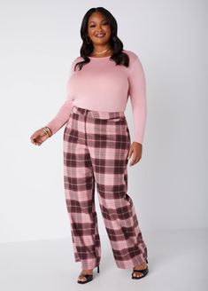 Plus Size Wide Leg Pants Slim Fit Plaid Work Dress Pants High Waist Work Pants, Plus Size Wide Leg Pants, Plus Size Wide Leg, Plaid Trousers, Trendy Chic, Work Dress, Ashley Stewart, Basic Long Sleeve, Long Sleeve Jersey