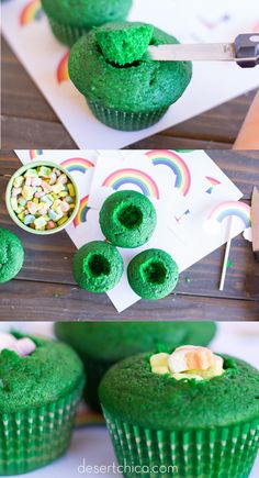 green cupcakes with sprinkles and candy in them on a table