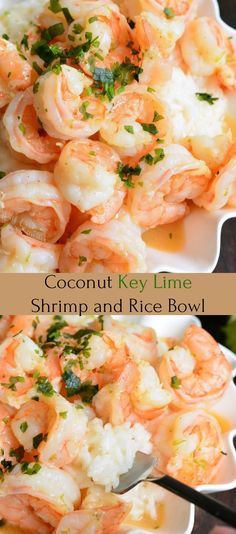 two pictures of shrimp and rice in white bowls with green garnish on top