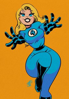 an image of a woman in blue and black costume with her hands out to the side