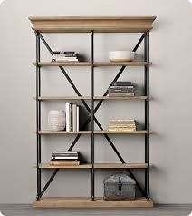 an open bookcase wood and iron