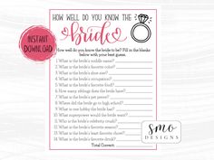 a printable bridal game with the words, how well do you know the bride?