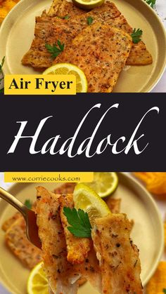 air fryer haddock on a plate with lemon wedges and parsley garnish