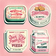 four tins of food are shown on a pink background, with the words sardines and all butter