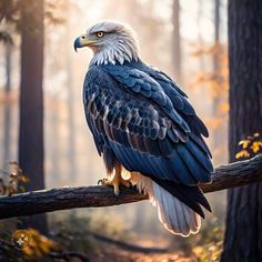 an eagle perched on a tree branch in the woods with sunlight streaming through the trees