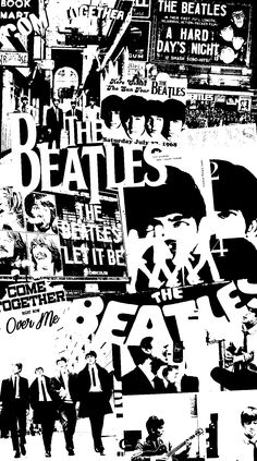 black and white image of people walking in front of the beatles concert poster for their album