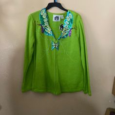 Storybook Knits Sequined Butterfly Front Zip Sweater. The Pit Is Approximately 22 Inches And The Length Is Approximately 25 Inches Knit Butterfly, Green Sweaters, Storybook Knits, Knits Sweaters, Butterfly Sweater, Novelty Sweater, Pink Cardigan Sweater, Christmas Cardigan, Sequin Cardigan