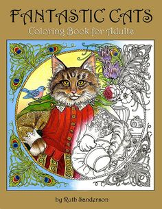 an adult coloring book for adults featuring a cat in a red coat and peacocks