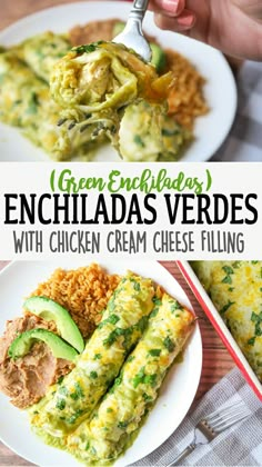 green enchiladas are served with chicken cream cheese filling and avocado