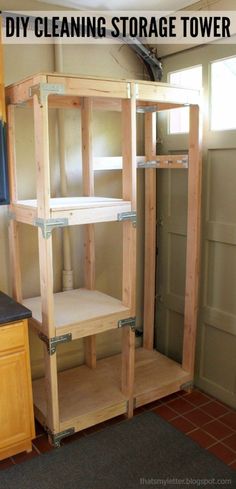 the diy cleaning storage tower is made out of wood and has no doors on it