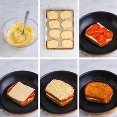 four pictures showing how to make sandwiches in a pan with cheese and sauce on them