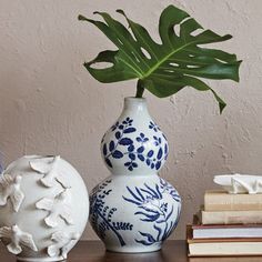 two vases with plants in them sitting on a table next to books and magazines