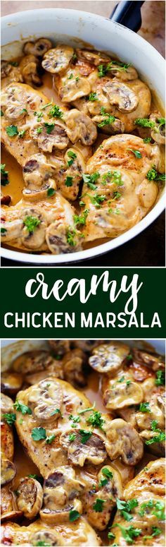 chicken marsala with mushrooms and parsley in a pan