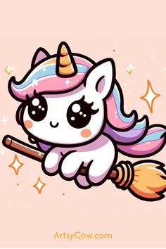 a cute little unicorn flying on top of a broom