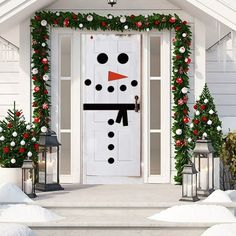 a decorated front door with a snowman on it